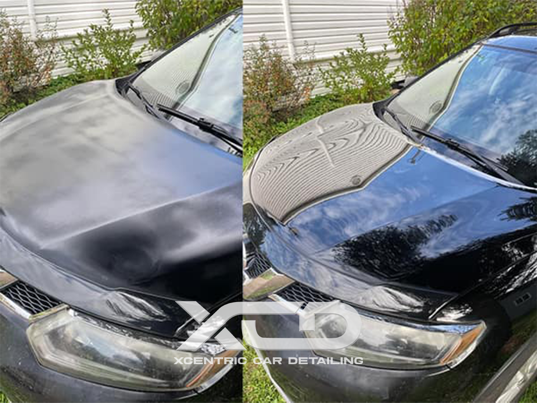 Before and after image showing car hood restoration and polishing by Xcentric Car Detailing for a glossy finish